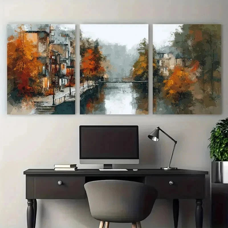 3pcs Autumn City Neutral Street Nature Perfect Wall Art Set Canvas Framed 50x70cm - High Quality Print 100% Australian Made Wall Canvas Ready to Hang - Bella Home Decor