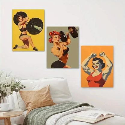 3pcs Vintage Gym Female Weightlifter Perfect Wall Art Set Canvas Framed 50x70cm - High Quality Print 100% Australian Made Wall Canvas Ready to Hang - Bella Home Decor
