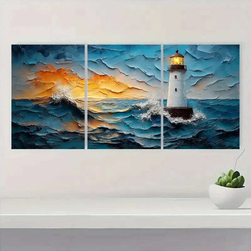 3pcs  Original Lighthouse Wave Design OL  Wall Art Set Canvas Framed 60x90cm - High Quality Print 100% Australian Made Wall Canvas Ready to Hang - Bella Home Decor