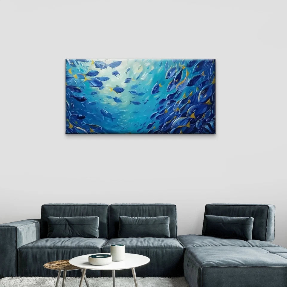 Vibrant Blue Sea Yellow Croaker Wall Art Canvas Office Home Room Framed 120x60cm