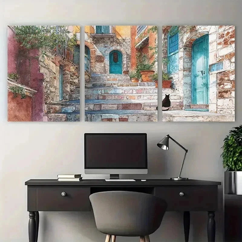 3pcs Architecture & Cat On Stairs Scene Perfect Wall Art Set Canvas Framed 50x70cm - High Quality Print 100% Australian Made Wall Canvas Ready to Hang - Bella Home Decor