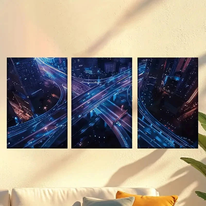 3pcs Night Cityscape with Blue & Purple Lights 50x70cm - High Quality Print 100% Australian Made Wall Canvas Ready to Hang