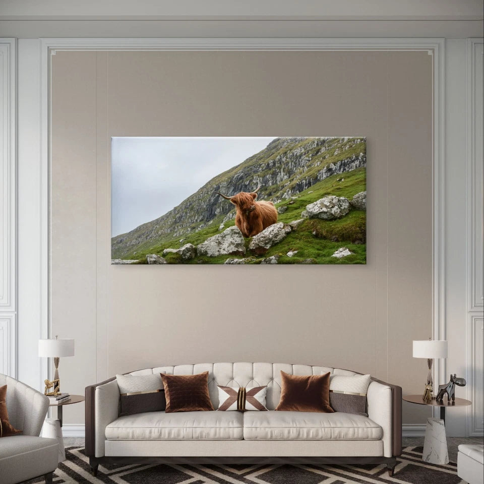 Highland Cow on a Green Hillside Wall Art Canvas Office Home Framed 120x60cm