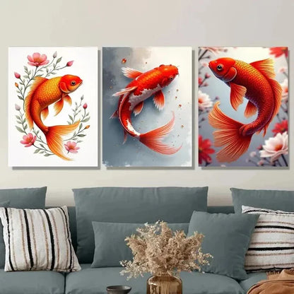 3pcs Vintage Goldfish Elegant Koi Fish Floral Wall Art Set Canvas Unframed - High Quality Print 100% Australian Made Wall Canvas
