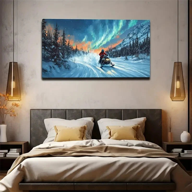 Northern Lights Snowmobile Wall Art Canvas Office Home Room Framed 120x60cm