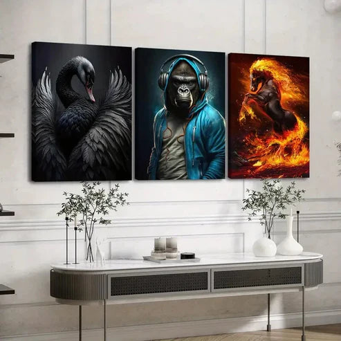 3pcs Various Animals Black Duck Blue Monkey Gold Wall Art Set Canvas Unframed - High Quality Print 100% Australian Made Wall Canvas