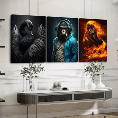 3pcs Various Animals Black Duck Blue Monkey Gold Wall Art Set Canvas Unframed - High Quality Print 100% Australian Made Wall Canvas