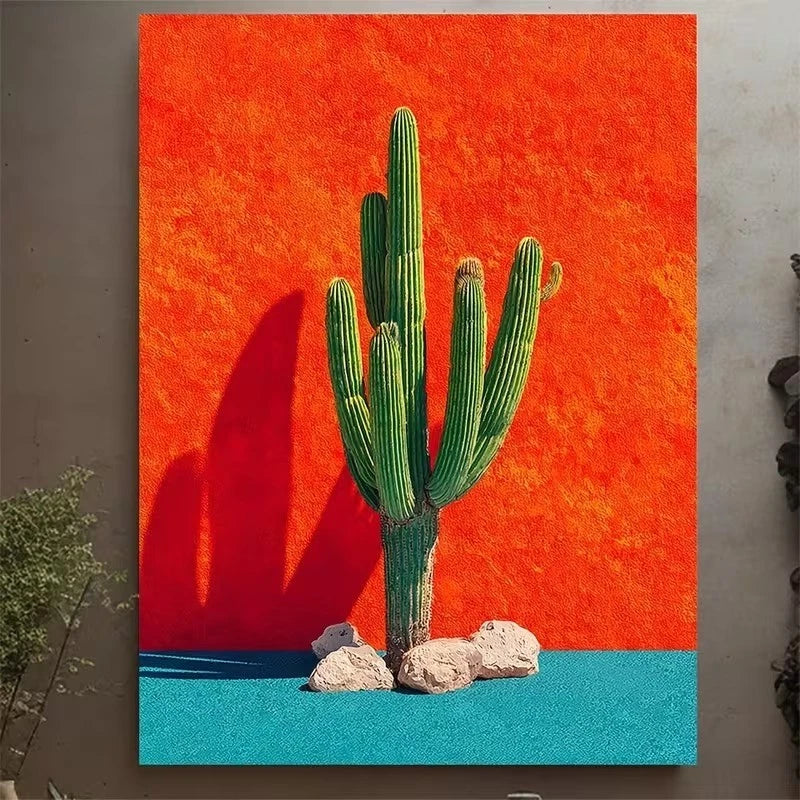 Panoramic Bold Cactus Green Saguaro on Vibrant Metal Print Ready to Hang