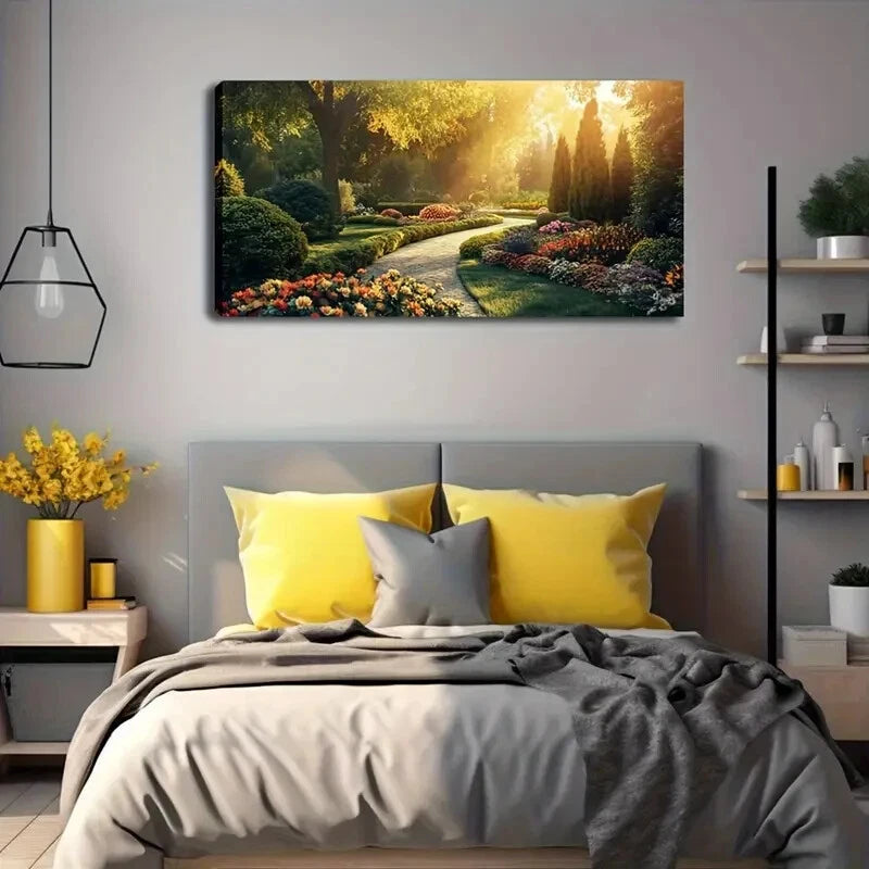 Serene Garden Pathway Flowers Wall Art Canvas Office Home Room Framed 120x60cm - Bella Home Decor