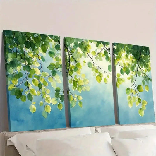 3pcs Green Leaves & Blue Sky GS Wall Art Set Canvas Framed 40x60cm - High Quality Print 100% Australian Made Wall Canvas Ready to Hang