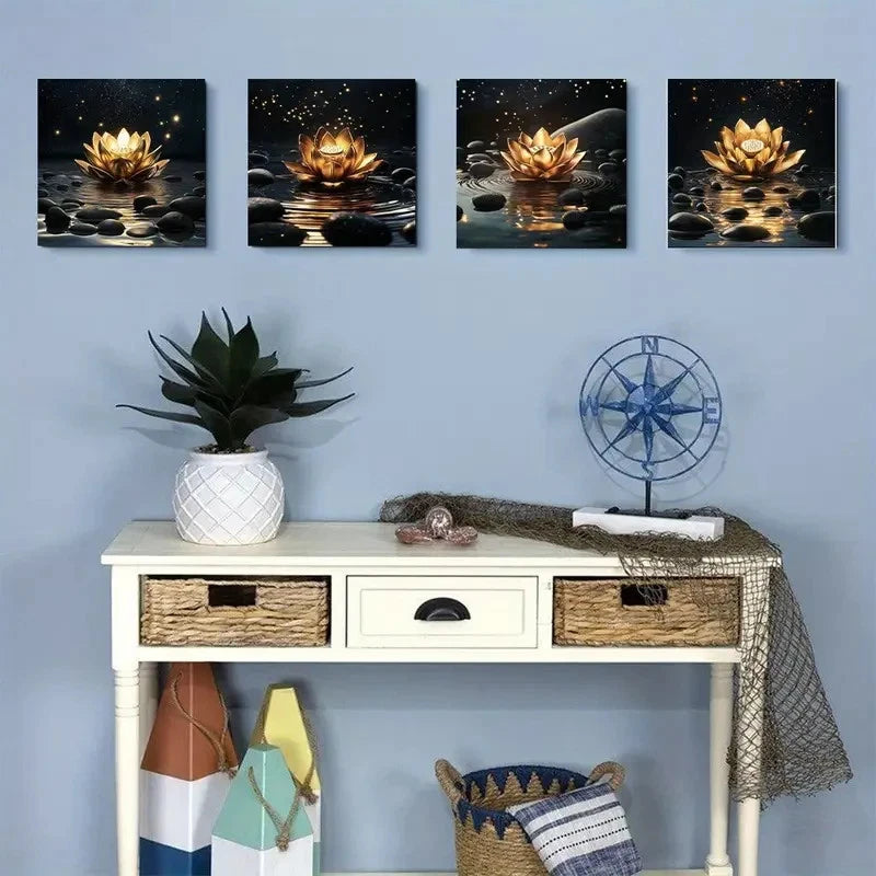 4pcs Vintage-Style Black and Golden Lotus Wall Art Canvas Framed