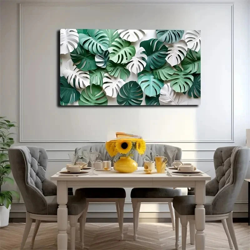 Green And White Leaf Design Wall Art Canvas Office Home Room Framed 120x60cm