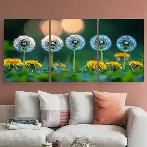 3pcs Grassy Green Meadow Dandelions Wall Art Canvas Unframed - High Quality Print 100% Australian Made Wall Canvas