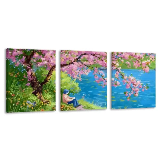 3pcs A Peaceful Afternoon Under The Blossoms Wall Art Set Canvas Framed 50x70cm - High Quality Print 100% Australian Made Wall Canvas Ready to Hang