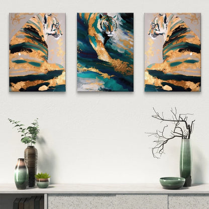 3pcs Modern Abstract Tiger and Gold Luxurious Wall Art Set Canvas Framed 60x90cm - High Quality Print 100% Australian Made Wall Canvas Ready to Hang