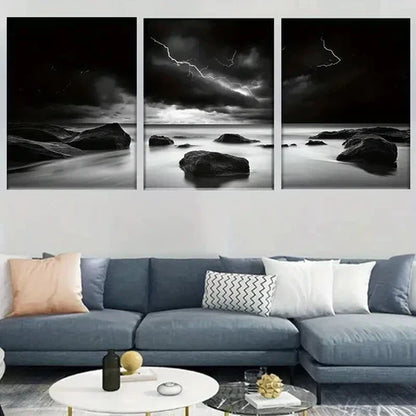 3pcs Black and White Stormy Ocean Landscape Wall Art Canvas Unframed - High Quality Print 100% Australian Made Wall Canvas - Bella Home Decor