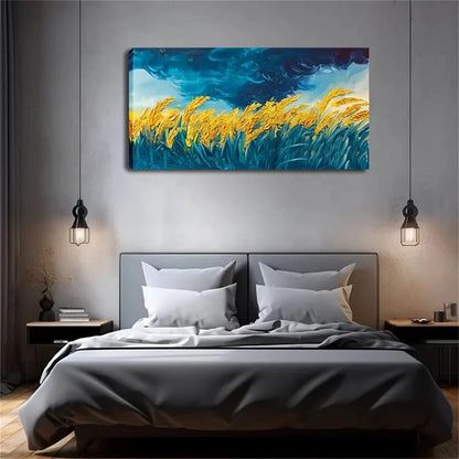 Golden Wheat Waves Deep Blue Wall Art Canvas Office Home Room Framed 120x60cm