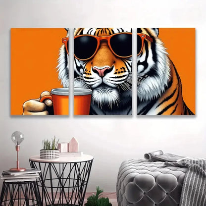 3pcs Tiger in Fashion Glasses Holding Cup   Wall Art Set Canvas Framed 40x60cm - High Quality Print 100% Australian Made Wall Canvas Ready to Hang - Bella Home Decor