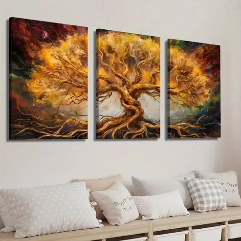 3pcs Golden Style Tree Decorative Wall Art Set Canvas Unframed - High Quality Print 100% Australian Made Wall Canvas - Bella Home Decor