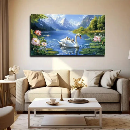 Swan Mother With Cubs In Lake Wall Art Canvas Office Home Room Framed 120x60cm