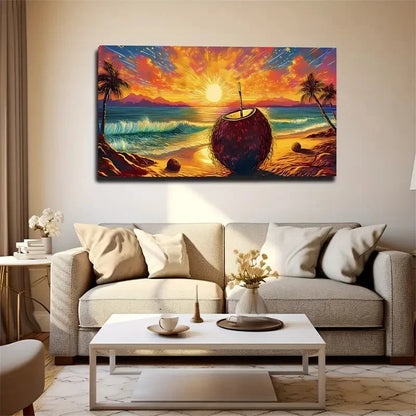 Vibrant Ocean & Palm Tree Wall Art Canvas Office Home Room Framed 120x60cm