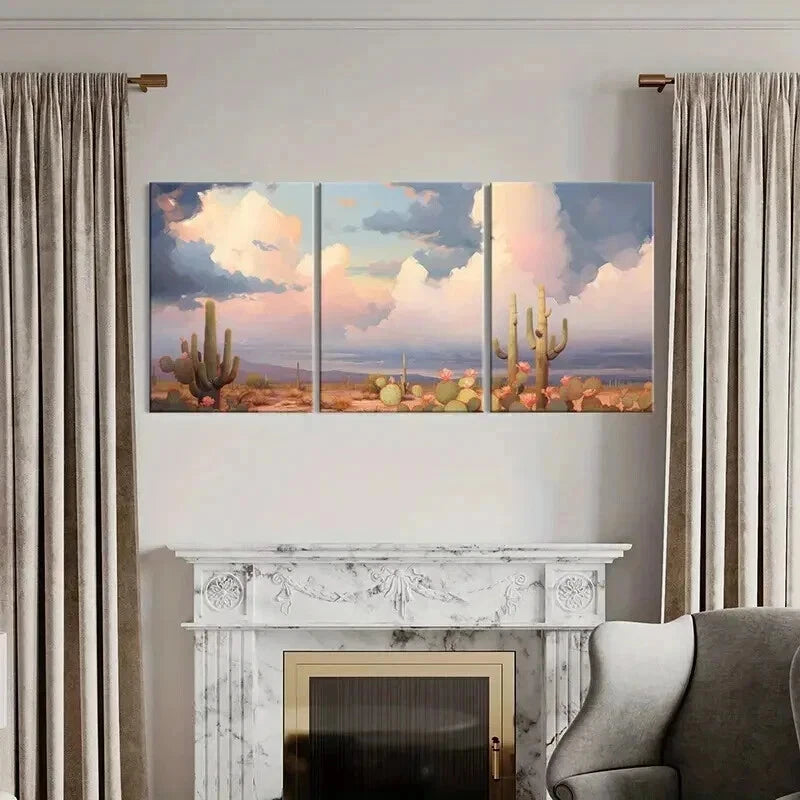 3pcs Desert Landscape Cactus Plants & Cloudy Sky Wall Art Set Canvas Framed 60x90cm - High Quality Print 100% Australian Made Wall Canvas Ready to Hang - Bella Home Decor