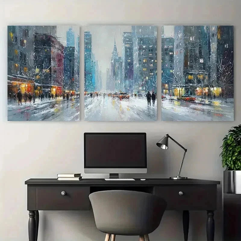 3pcs New York Skyline Painting Snowy Perfect Wall Art Set Canvas Framed 50x70cm - High Quality Print 100% Australian Made Wall Canvas Ready to Hang