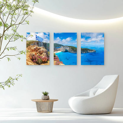 3pcs Greek Flag Flying Above Navagio Bay Wall Art Set Canvas Framed 40x60cm - High Quality Print 100% Australian Made Wall Canvas Ready to Hang - Bella Home Decor