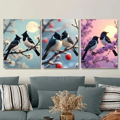 3pcs Charming Bird Beautiful Triptych Black Moon Wall Art Set Canvas Unframed - High Quality Print 100% Australian Made Wall Canvas - Bella Home Decor