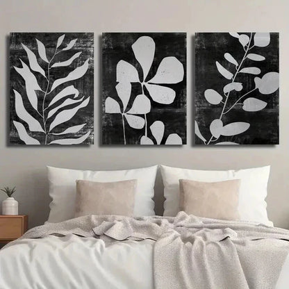 3pcs Black and White Abstract Leaf Botanical Wall Art Set Canvas Unframed - High Quality Print 100% Australian Made Wall Canvas - Bella Home Decor