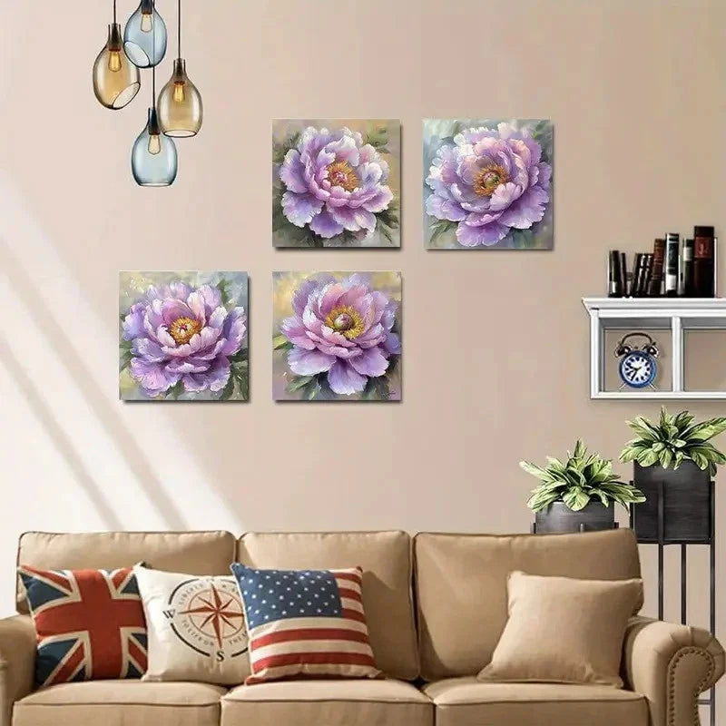 4pcs Vibrant Purple Peonies & Green Leaves Wall Art Canvas Framed
