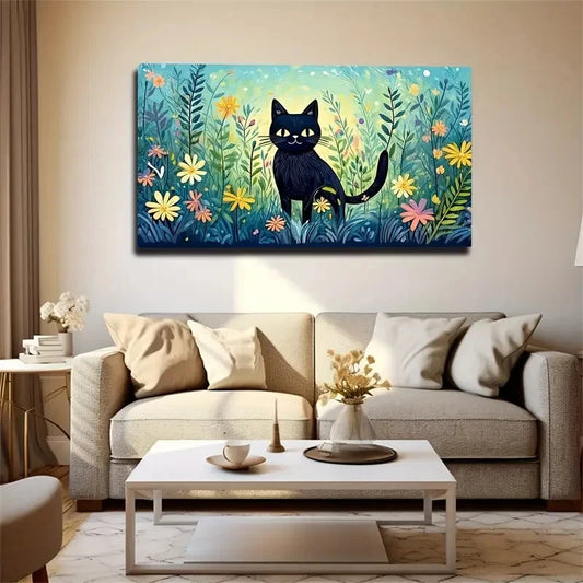 Deco Lively Black Cat Modern Wall Art Canvas Office Home Room Framed 120x60cm