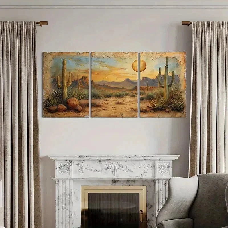 3pcs Desert Landscape Cactus Mountains Sunset Wall Art Set Canvas Framed 40x60cm - High Quality Print 100% Australian Made Wall Canvas Ready to Hang - Bella Home Decor