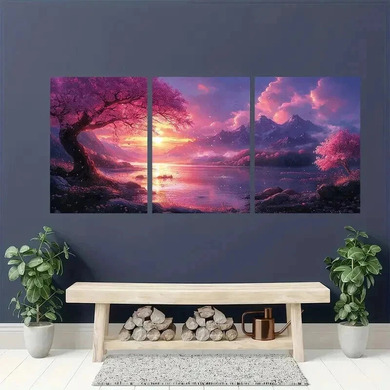 3pcs Pink Blossom Tree & Fantasy Landscape Wall Art Set Canvas Framed 60x90cm - High Quality Print 100% Australian Made Wall Canvas Ready to Hang - Bella Home Decor