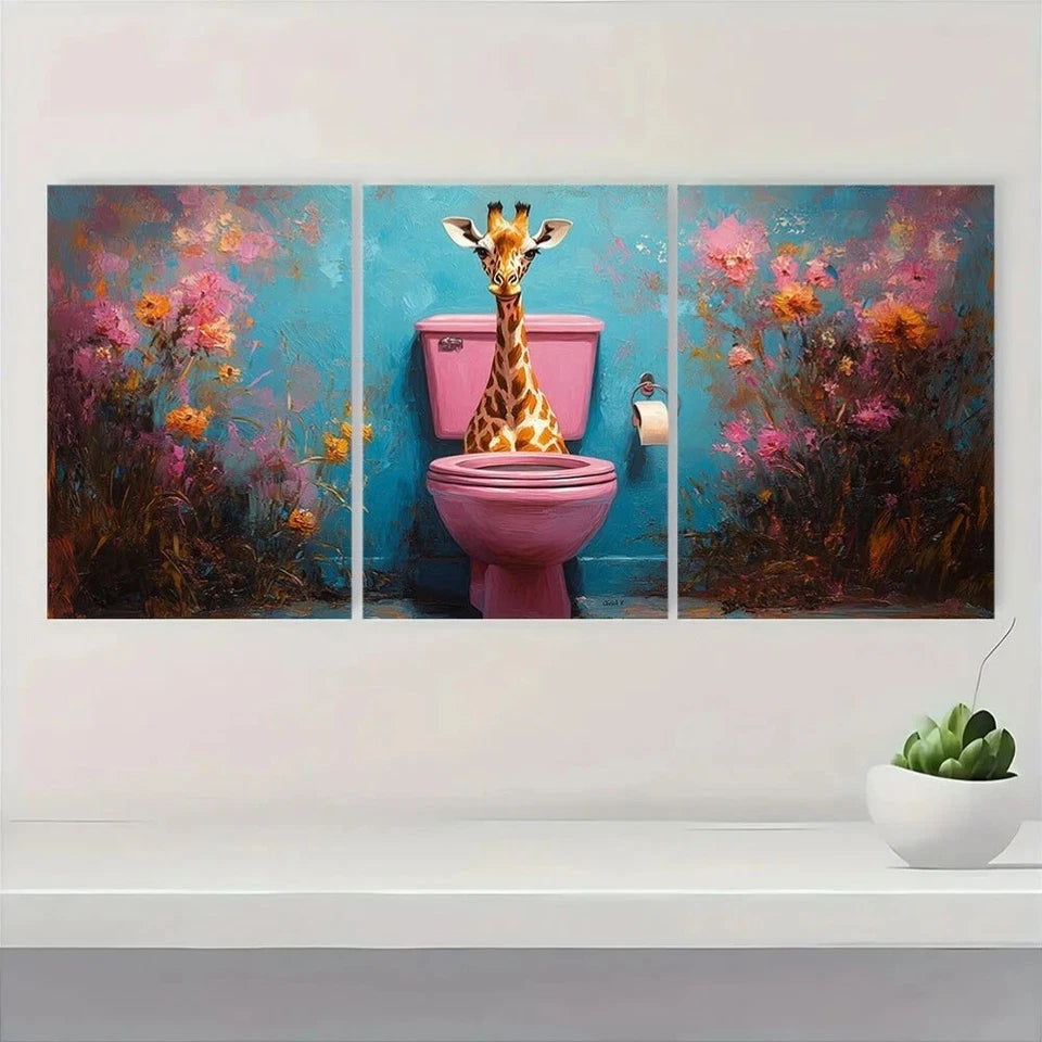 3pcs Funny Giraffe Whimsical Animal Painting Metal Print Ready to Hang Art - Bella Home Decor