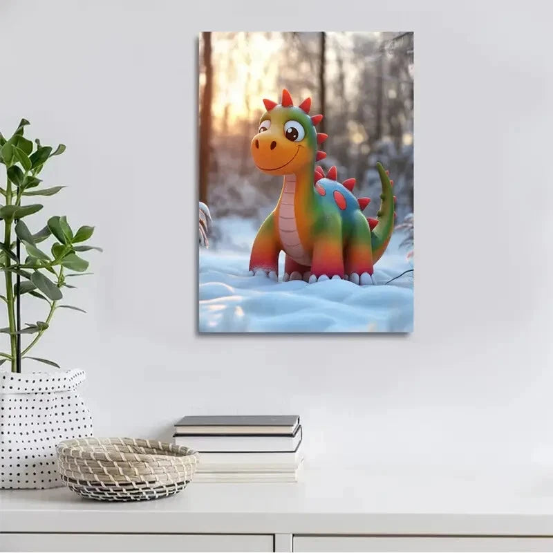 Colorful Cartoon Dinosaur On The Snow Painting 40x60cm Metal Print Ready to Hang - Bella Home Decor