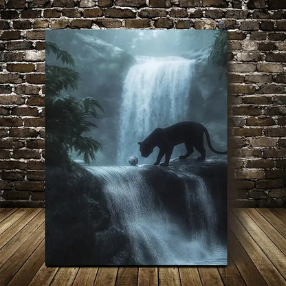 Photorealistic Panther Playing with Ball Near Painting 40x60cm Metal Print Ready to Hang - Bella Home Decor