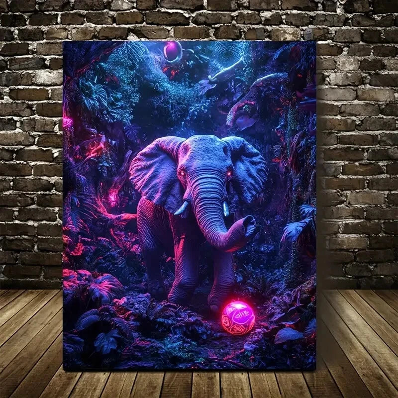 Vibrant Neon Jungle Scene with Glowing Painting 40x60cm Metal Print Ready to Hang - Bella Home Decor