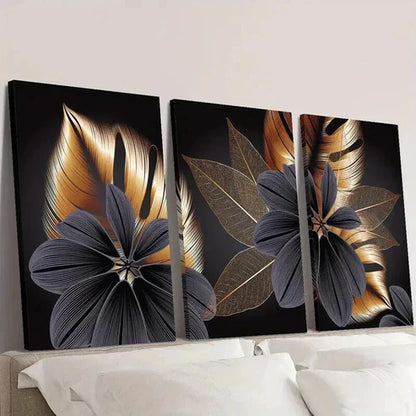 3pcs Golden Black Monstera Plant Leaf Wall Art Set Canvas Unframed - High Quality Print 100% Australian Made Wall Canvas