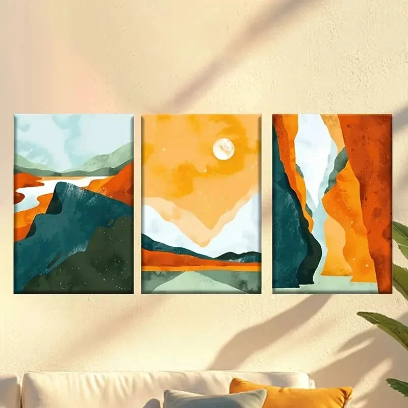 3pcs Orange, Blue & Green with Sun, Moon & Stars Wall Art Set Canvas Framed 60x90cm - High Quality Print 100% Australian Made Wall Canvas Ready to Hang