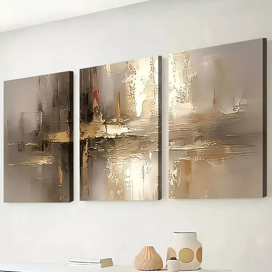 3pcs Light Luxury Style Gold Abstract Geometric Wall Art Set Canvas Framed 50x70cm - High Quality Print 100% Australian Made Wall Canvas Ready to Hang