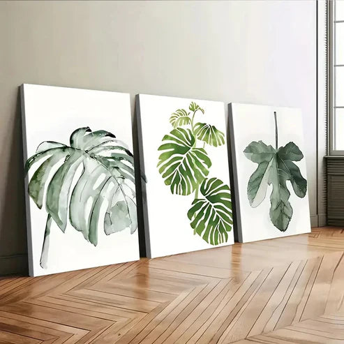 3pcs Modern Fresh Green Leaves White Light Green Wall Art Set Canvas Unframed - High Quality Print 100% Australian Made Wall Canvas