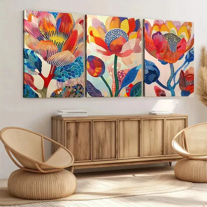 3pcs Colorful Blooming Flowers Botanical Red Wall Art Set Canvas Unframed - High Quality Print 100% Australian Made Wall Canvas