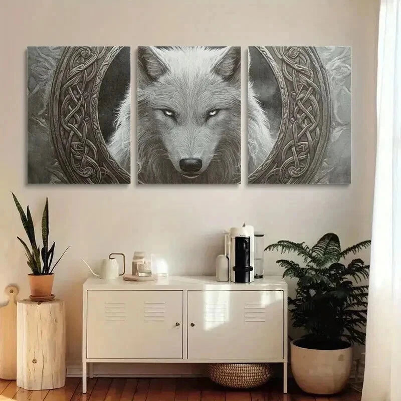 3pcs White Wolf Staring Straight Wall Art Set Canvas Framed 50x70cm - High Quality Print 100% Australian Made Wall Canvas Ready to Hang