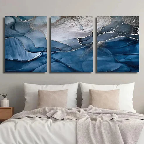 3pcs Abstract Blue and Golden Marble Texture Wall Art Set Canvas Unframed - High Quality Print 100% Australian Made Wall Canvas - Bella Home Decor