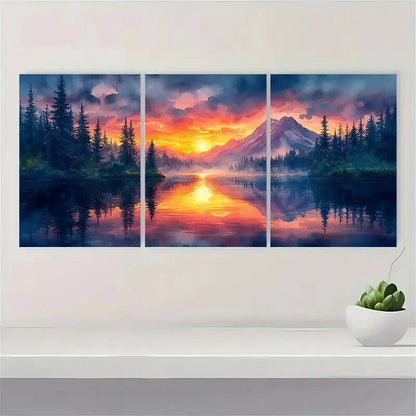 3pcs Oregon Watercolor Painting Mountain Lake Metal Print Ready to Hang Art - Bella Home Decor