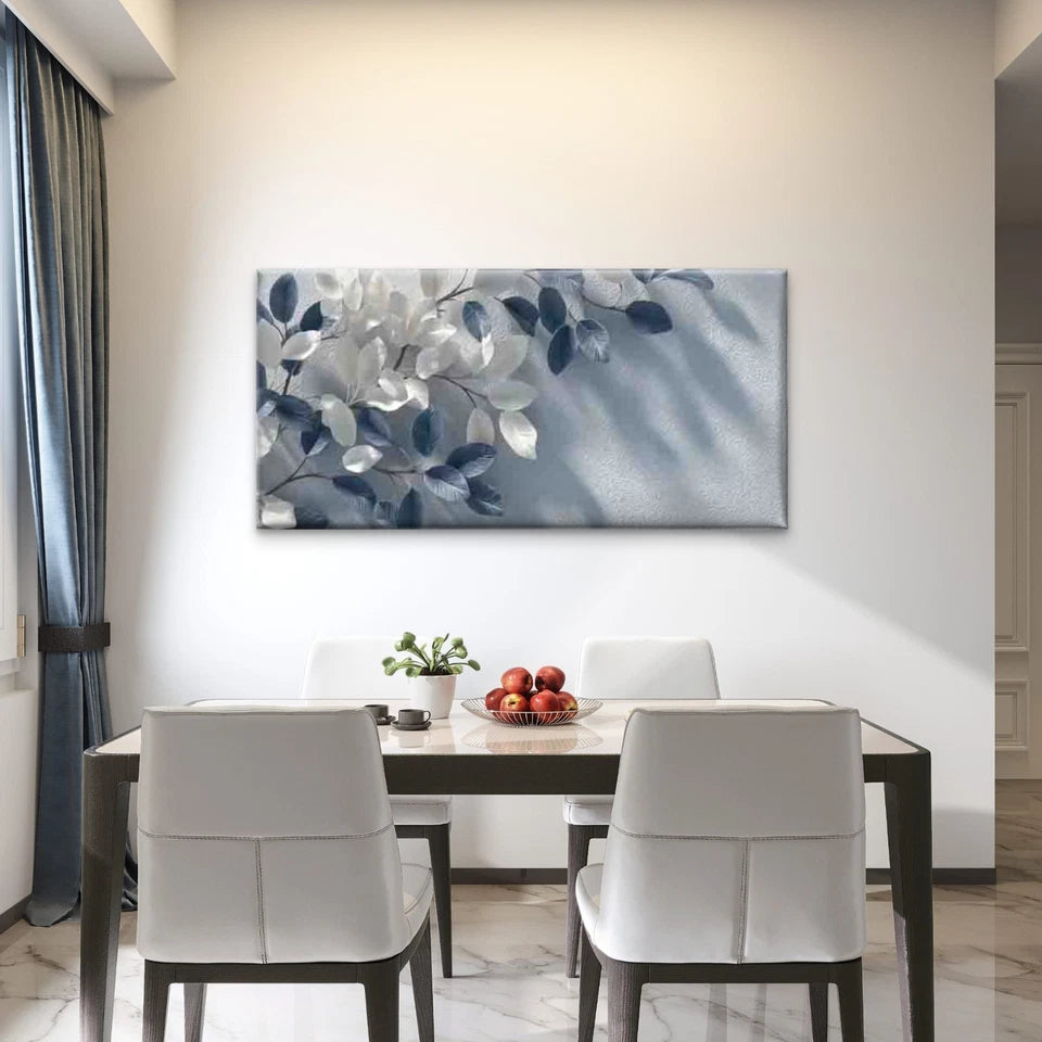 Blue White Leaves Wall Art Canvas Office Home Room Framed 120x60cm - Bella Home Decor