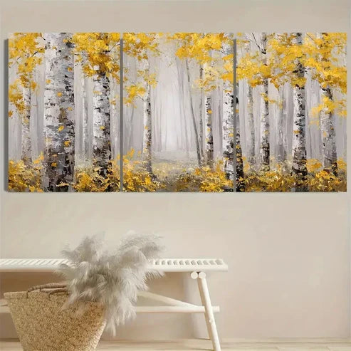 3pcs Birch Tree Art Elegant Golden Accented Wall Art Canvas Unframed - High Quality Print 100% Australian Made Wall Canvas - Bella Home Decor