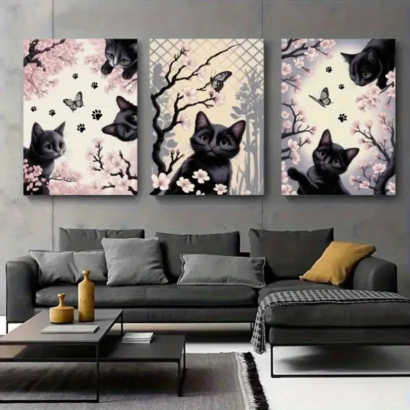 3pcs Black Cat & Butterfly Canvas Wall Art Set Canvas Framed 40x60cm - High Quality Print 100% Australian Made Wall Canvas Ready to Hang - Bella Home Decor