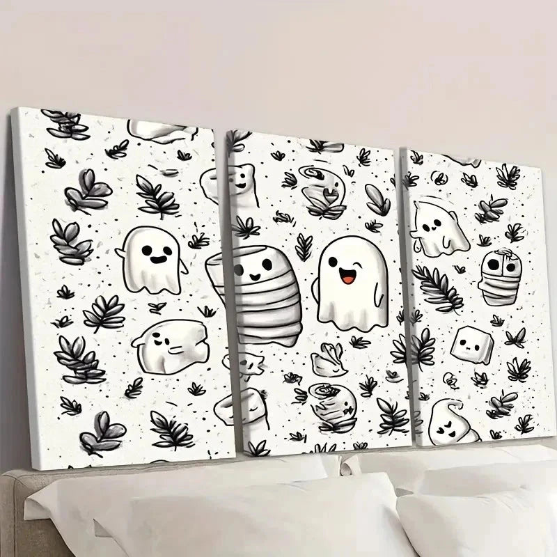 3pcs Cute Cartoon Ghosts Wall Art Set Canvas Framed 50x70cm - High Quality Print 100% Australian Made Wall Canvas Ready to Hang - Bella Home Decor